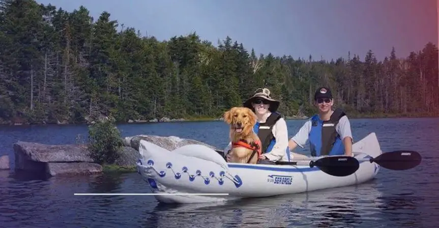 Dog and 2 persons on Sea Eagle 370 Inflatable Kayak