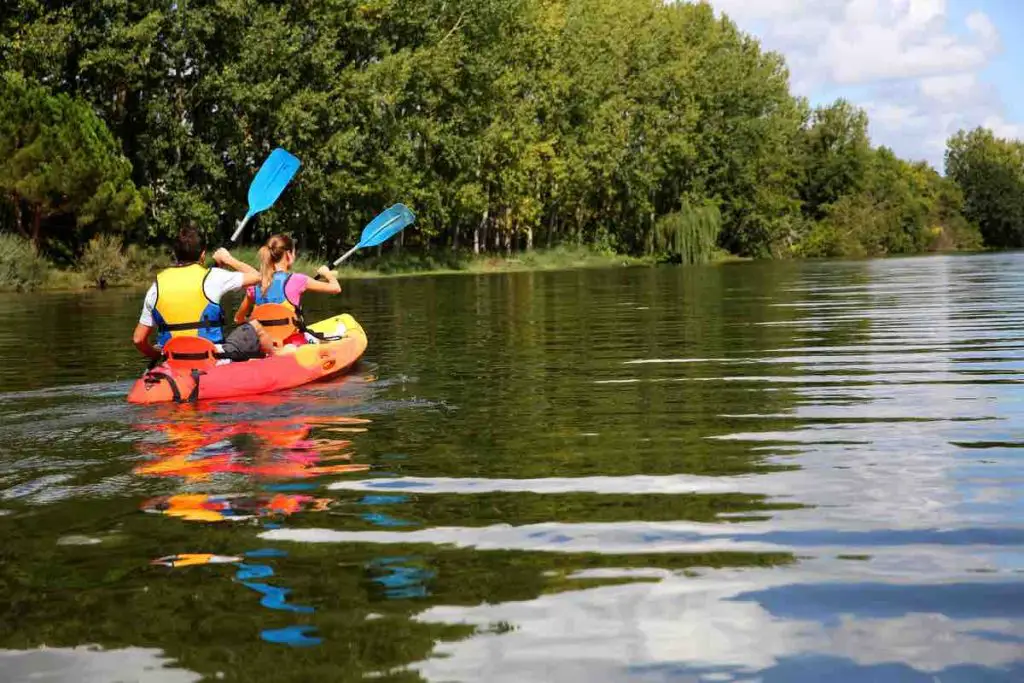 Couple riding canoe in river