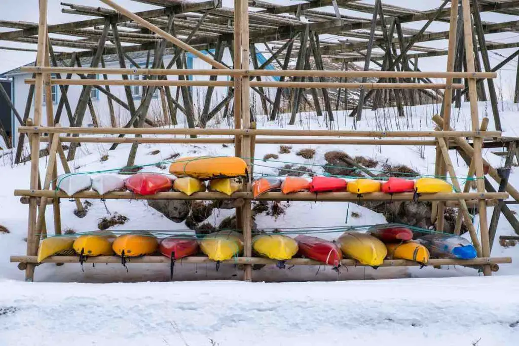 kayaks can be stored on padded sawhorses