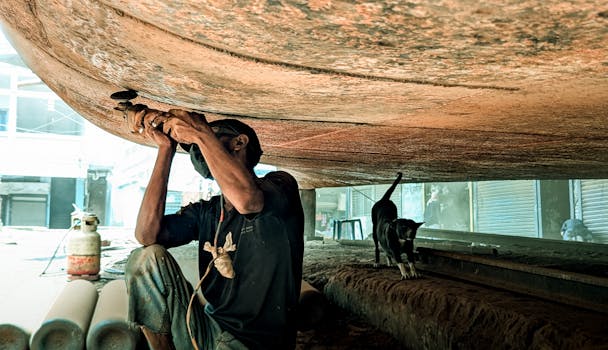 Ship maintenance work with worker welding metal surface under boat hull, accompanied by a curious cat.