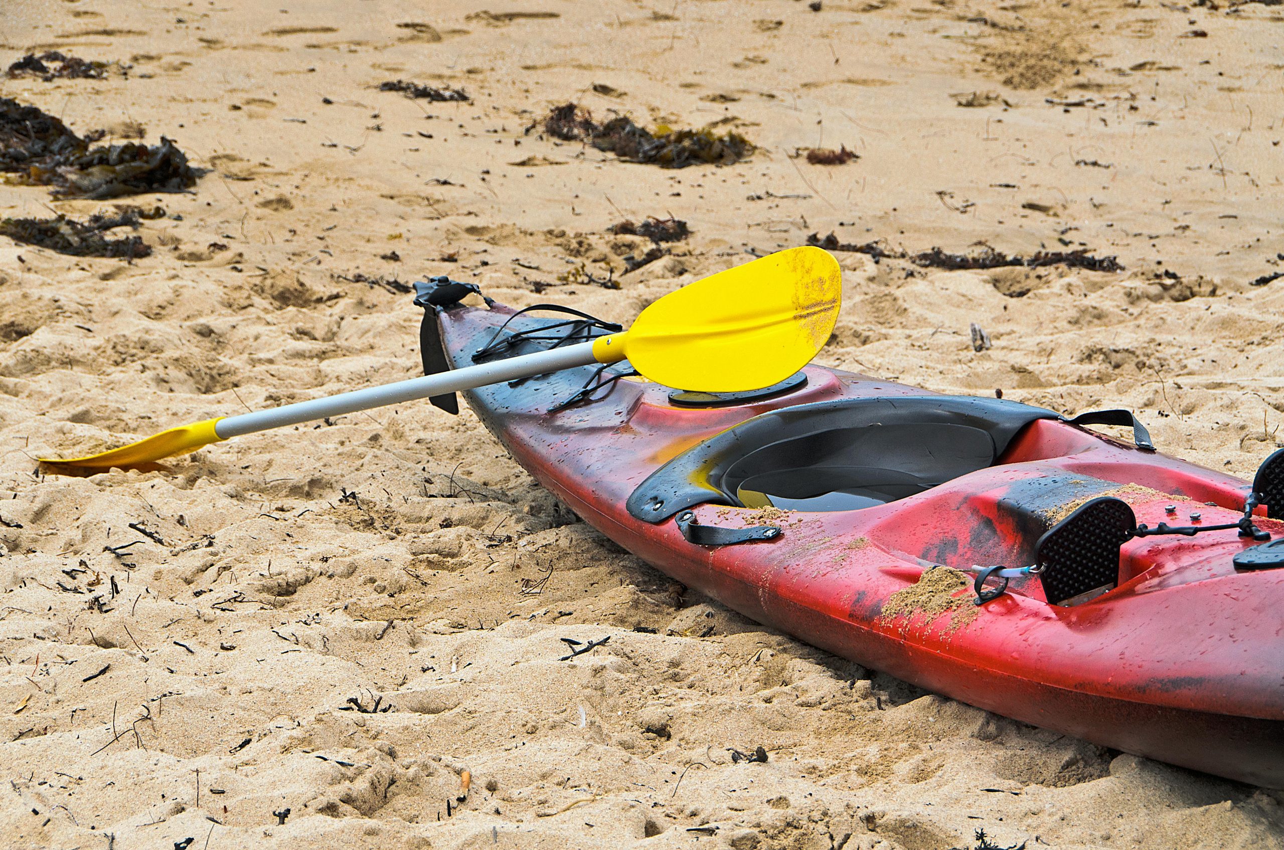 Vibrant red kayak with a yellow paddle on a sandy beach in Gold Coast, Australia.